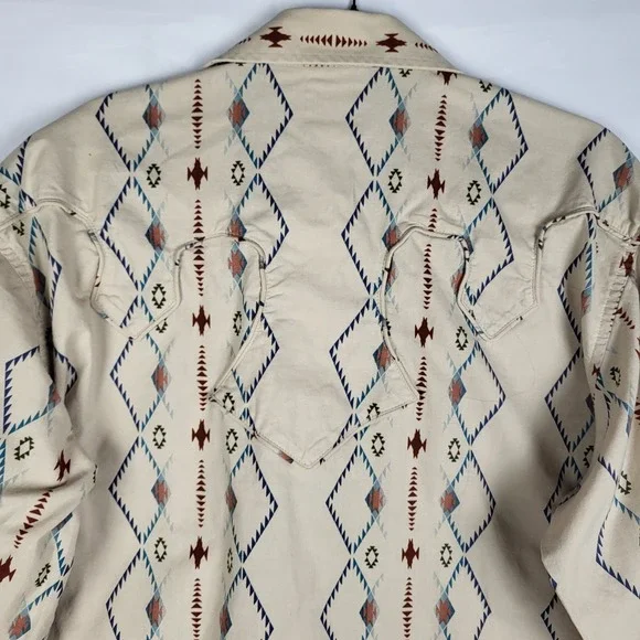 Vintage Wrangler Pearl Snap Shirt Mens XL Tan Long Sleeve Aztec Western Rodeo